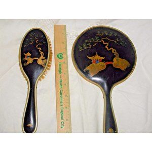 Antique Chinese Bakelite Black and Gold Large Hand Painted Mirror and Brush Set